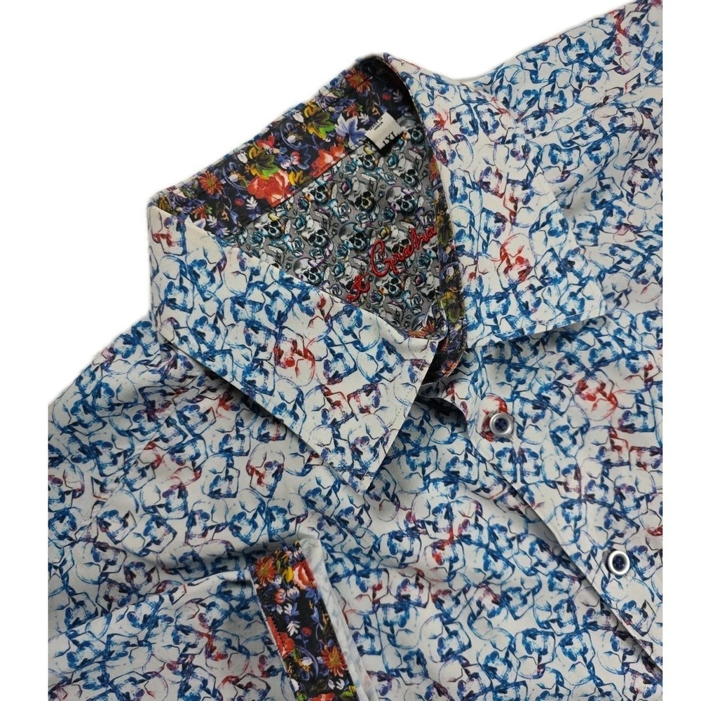 ROBERT GRAHAM SHORT SLEEVE BUTTON UP SHIRT Mens 1XL AOP Skulls Print Flip Cuff